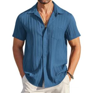 imageCOOFANDY Mens Casual Button Down Shirts Short Sleeve Textured Summer Beach Shirt with PocketDark Blue