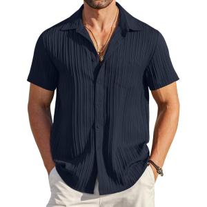 imageCOOFANDY Mens Casual Button Down Shirts Short Sleeve Textured Summer Beach Shirt with PocketIndigo