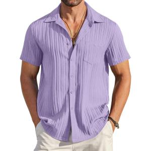 imageCOOFANDY Mens Casual Button Down Shirts Short Sleeve Textured Summer Beach Shirt with PocketLight Purple