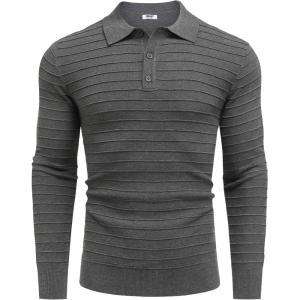 imageCOOFANDY Mens Knit Polo Shirts Long Sleeve Casual Polo Sweaters Shirt Waffle Textured Collared SweaterGray Textured Stripes1