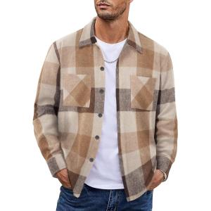 imageCOOFANDY Mens Flannel Shirts Casual Button Down Plaid Shirt Jacket Long Sleeve Fleece Shacket with PocketsBuffalo Khaki
