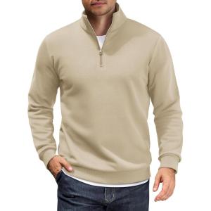 imageCOOFANDY Men Quarter Zip Up Pullover Lightweight Mock Neck Sweatshirt Casual Active Long Sleeve Polo ShirtKhaki