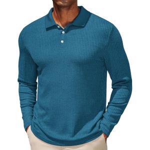 imageCOOFANDY Mens Casual Polo Shirts Long Sleeve Textured Knit Tee Shirt Wrok TshirtsBlue