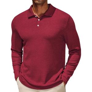 imageCOOFANDY Mens Casual Polo Shirts Long Sleeve Textured Knit Tee Shirt Wrok TshirtsRed
