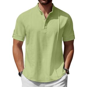 imageCOOFANDY Mens Henley TShirts Short Sleeve Casual Button Henley Shirts Band Collar Tee Summer Beach Hippie ShirtsGreen