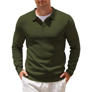 imageCOOFANDY Mens Knit Polo Shirts Casual Long Sleeve Collared Pullover Sweaters Quarter Button Ribbed Vintage Polo SweaterArmy Green