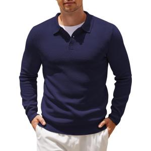 imageCOOFANDY Mens Knit Polo Shirts Casual Long Sleeve Collared Pullover Sweaters Quarter Button Ribbed Vintage Polo SweaterBulish Purple