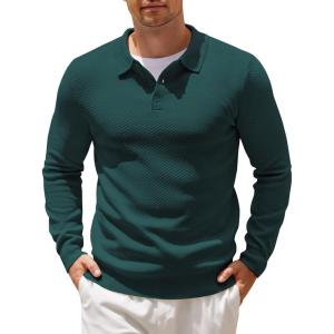 imageCOOFANDY Mens Knit Polo Shirts Casual Long Sleeve Collared Pullover Sweaters Quarter Button Ribbed Vintage Polo SweaterGreen