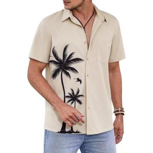 imageCOOFANDY Hawaiian Short Button Sleeve Down Shirt Shirts BeachBeige  Palm Tree