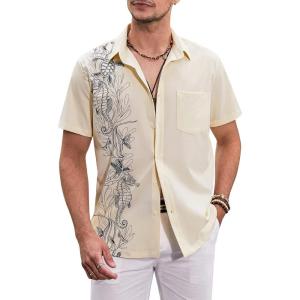 imageCOOFANDY Hawaiian Short Button Sleeve Down Shirt Shirts BeachBeige  Undersea Animals  Plants