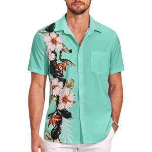 imageCOOFANDY Hawaiian Short Button Sleeve Down Shirt Shirts BeachLight Green  Floral