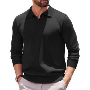 imageCOOFANDY Long Sleeve Polo Shirts for Men Knit Polo Sweater Lightweight Ribbed Pullover SweaterBlack