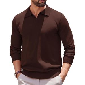 imageCOOFANDY Long Sleeve Polo Shirts for Men Knit Polo Sweater Lightweight Ribbed Pullover SweaterBrown