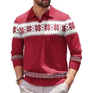 imageCOOFANDY Long Sleeve Polo Shirts for Men Knit Polo Sweater Lightweight Ribbed Pullover SweaterChristmas Red  White