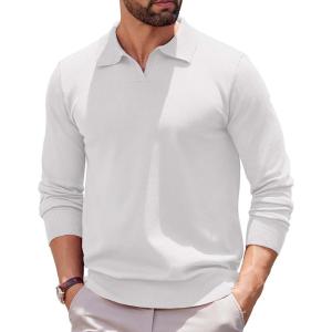 imageCOOFANDY Long Sleeve Polo Shirts for Men Knit Polo Sweater Lightweight Ribbed Pullover SweaterWhite