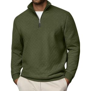 imageCOOFANDY Men Quarter Zip Pullover Long Sleeve Quilted Sweatshirt Waffle Casual Collared Sweatshirts Mock Neck Winter PoloArmy Green