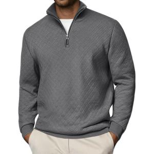 imageCOOFANDY Men Quarter Zip Pullover Long Sleeve Quilted Sweatshirt Waffle Casual Collared Sweatshirts Mock Neck Winter PoloDark Gray