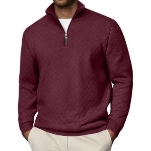 imageCOOFANDY Men Quarter Zip Pullover Long Sleeve Quilted Sweatshirt Waffle Casual Collared Sweatshirts Mock Neck Winter PoloDark Red