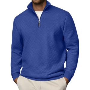 imageCOOFANDY Men Quarter Zip Pullover Long Sleeve Quilted Sweatshirt Waffle Casual Collared Sweatshirts Mock Neck Winter PoloDeep Blue