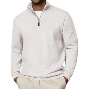 imageCOOFANDY Men Quarter Zip Pullover Long Sleeve Quilted Sweatshirt Waffle Casual Collared Sweatshirts Mock Neck Winter PoloWhite
