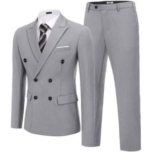 imageCOOFANDY Mens 2 Piece Double Breasted Suits Slim Fit Tuxedo Jacket and Dress Pants Set for Wedding Business PromLight Grey