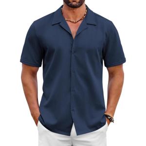 imageCOOFANDY Mens 2025 Fashion Textured Shirts Short Sleeve Summer Beach Shirt Casual Button Down ShirtsNavy Blue