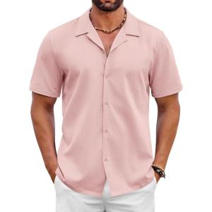 imageCOOFANDY Mens 2025 Fashion Textured Shirts Short Sleeve Summer Beach Shirt Casual Button Down ShirtsPink