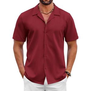 imageCOOFANDY Mens 2025 Fashion Textured Shirts Short Sleeve Summer Beach Shirt Casual Button Down ShirtsWine Red