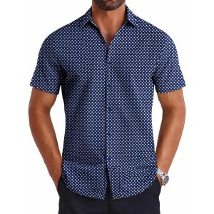 imageCOOFANDY Mens Button Down Shirts Short Sleeve Casual Shirt Summer Untucked Dress ShirtsWhite Dotnavy Blue