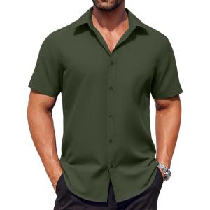 imageCOOFANDY Mens Button Down Shirts Stain Shield Dress Shirts Short Sleeve Summer Business Casual ShirtsArmy Green