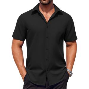 imageCOOFANDY Mens Button Down Shirts Stain Shield Dress Shirts Short Sleeve Summer Business Casual ShirtsBlack