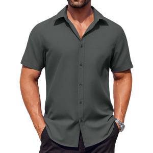 imageCOOFANDY Mens Button Down Shirts Stain Shield Dress Shirts Short Sleeve Summer Business Casual ShirtsDark Grey