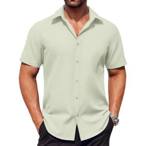 imageCOOFANDY Mens Button Down Shirts Stain Shield Dress Shirts Short Sleeve Summer Business Casual ShirtsLight Green
