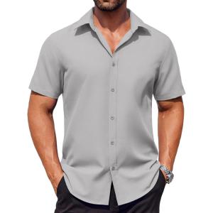 imageCOOFANDY Mens Button Down Shirts Stain Shield Dress Shirts Short Sleeve Summer Business Casual ShirtsLight Grey