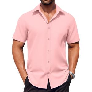 imageCOOFANDY Mens Button Down Shirts Stain Shield Dress Shirts Short Sleeve Summer Business Casual ShirtsLight Pink