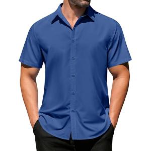 imageCOOFANDY Mens Button Down Shirts Stain Shield Dress Shirts Short Sleeve Summer Business Casual ShirtsNavy