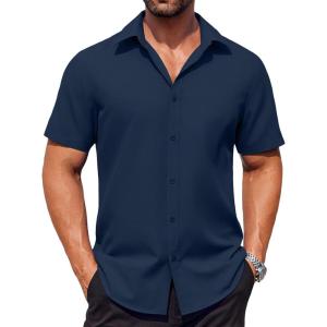 imageCOOFANDY Mens Button Down Shirts Stain Shield Dress Shirts Short Sleeve Summer Business Casual ShirtsNavy Blue
