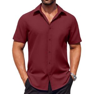 imageCOOFANDY Mens Button Down Shirts Stain Shield Dress Shirts Short Sleeve Summer Business Casual ShirtsWine Red
