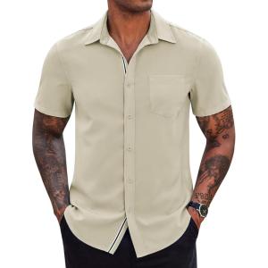 imageCOOFANDY Mens Casual Button Down Shirts Stretch Short Sleeve Business Dress Shirt with PocketLight Coffee