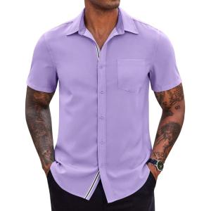 imageCOOFANDY Mens Casual Button Down Shirts Stretch Short Sleeve Business Dress Shirt with PocketLight Purple