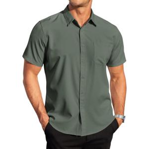 imageCOOFANDY Mens Casual Dress Shirt Short Sleeve Wrinkle Free Dress Shirt Business Casual ShirtsDark Army Green