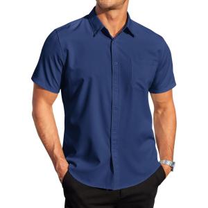 imageCOOFANDY Mens Casual Dress Shirt Short Sleeve Wrinkle Free Dress Shirt Business Casual ShirtsDeep Blue
