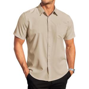 imageCOOFANDY Mens Casual Dress Shirt Short Sleeve Wrinkle Free Dress Shirt Business Casual ShirtsLight Khaki