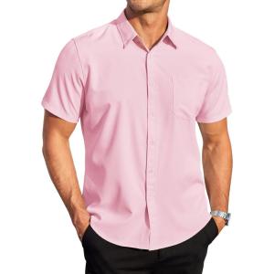 imageCOOFANDY Mens Casual Dress Shirt Short Sleeve Wrinkle Free Dress Shirt Business Casual ShirtsLight Pink