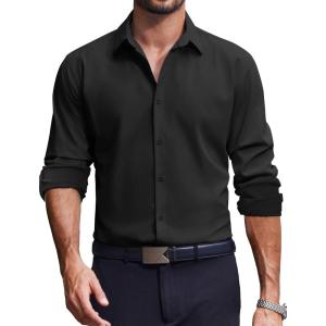 imageCOOFANDY Mens Dress Shirts Long Sleeve Casual Button Down Shirt Solid Regular Fit Formal Business ShirtsBlack