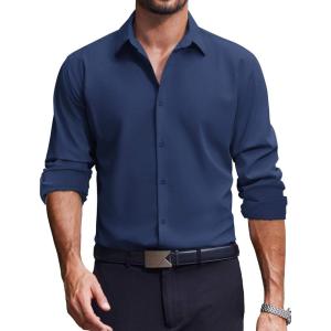 imageCOOFANDY Mens Dress Shirts Long Sleeve Casual Button Down Shirt Solid Regular Fit Formal Business ShirtsDark Blue