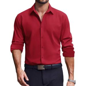 imageCOOFANDY Mens Dress Shirts Long Sleeve Casual Button Down Shirt Solid Regular Fit Formal Business ShirtsRed