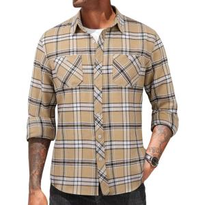 imageCOOFANDY Mens Flannel Plaid Shirts Long Sleeve Casual Button Down Shirt with PocketsKhaki