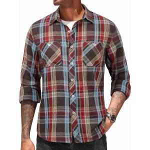 imageCOOFANDY Mens Flannel Plaid Shirts Long Sleeve Casual Button Down Shirt with PocketsKhaki Red Plaid