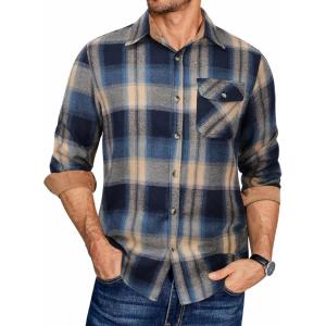 imageCOOFANDY Mens Flannel Shirts Long Sleeve Button Down Shirt Casual Plaid Shirts with PocketKhaki Blue Plaid